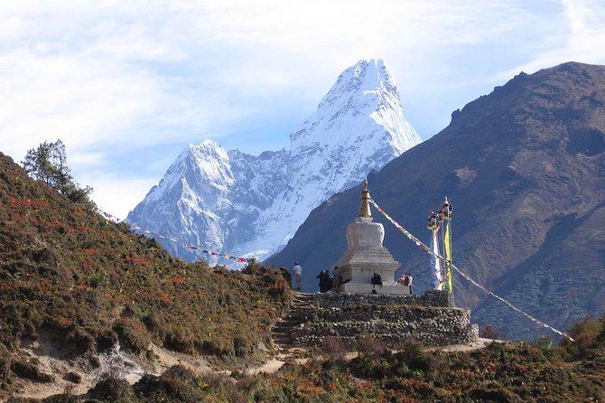 Ama Dablam above a whitewashed chorten in the Khumbu